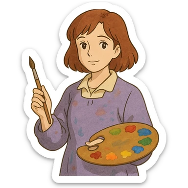 Serene female oil painter, Caucasian features, shoulder-length auburn hair, soft brown eyes, gentle smile, wearing a violet painter’s smock lightly stained with paint over a beige blouse, holding a wooden palette with vibrant colors in one hand and a brush in the other, waist-up, front-facing sticker
