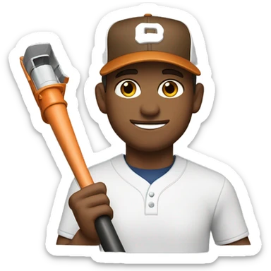 White man with brown hair and brown eyes, wearing a baseball hat and holding a leaf blower sticker
