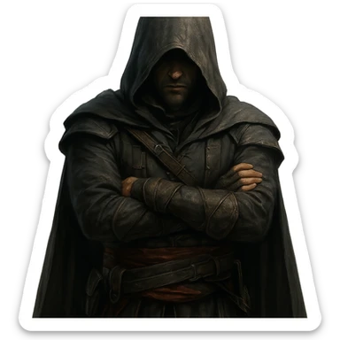 stealthy character, hood up, arms crossed in front, Assassin's Creed style sticker