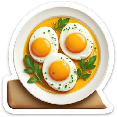 Cinematic sunny-side-up eggs, perfectly cooked with glossy yolks, crispy golden edges, sprinkled with fresh herbs, served on a rustic plate, bright and inviting, highly detailed and appetizing. sticker