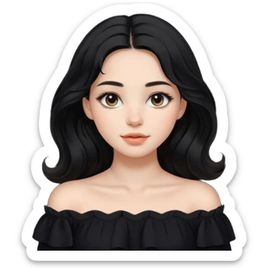 A realistic 3D avatar of a young woman with a soft oval face, slim cheeks, natural almond eyes, long wavy black hair, minimal makeup, wearing a black off-shoulder top, elegant and aesthetic, not cartoonish. sticker