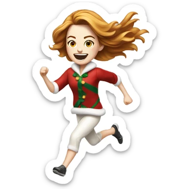 Emma Stone running, with a large stride and arms outstretched, long golden brown hair, wearing an Christmas outfit sticker