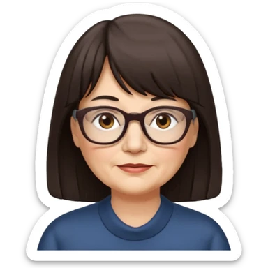 60 yr old woman, long hair, very small brown eyes, long hair, straight dark brown hair, bangs, chubby, long face sticker