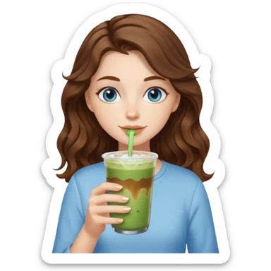 White girl with blue eyes, brown wavy hair drinking iced matcha latte sticker