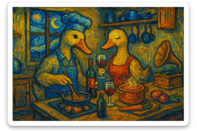 Van Gogh style kitchen scene with male and female ducks cooking, sharing wine, and enjoying music, window showing the Starry Night, 4:3 format, expressive brush strokes, vivid colors, cozy ambiance sticker
