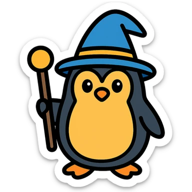 penguin wizard, color outline icon sticker