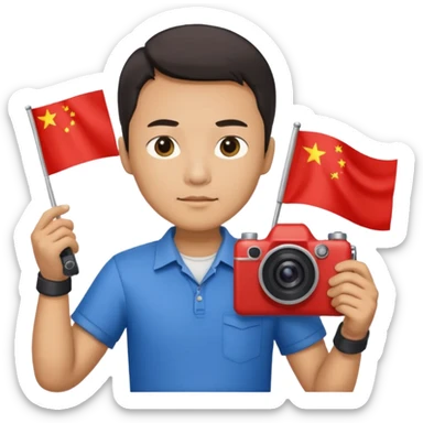 A Chinese man with a Chinese flag and a camera sticker