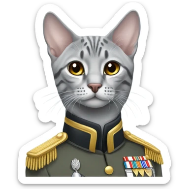 A grey Egyptian Mau with a military general uniform sticker