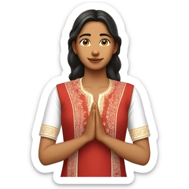 A teenage girl wearing plain white embroidered v  neck kurty, with no designs . She is also wearing red modi jacket. She is joining her hands and praying  sticker