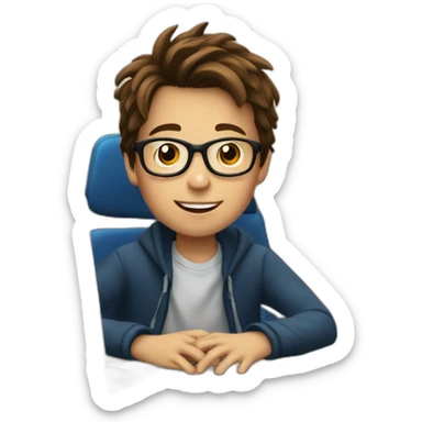 a 12-year-old boy with brown hair and glasses is sitting at a table near a computer screen sticker