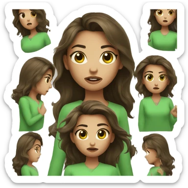 angry face with brunette hair and make it a girl and with green clothes on and holding skincare products sticker