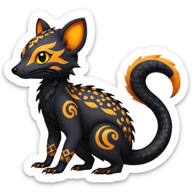 Rare warm-colored exotic gloomy tropical edgy cute epic aesthetic spooky  gothic colorful Salandit-Noibat-Civet-species-Fakemon-hybrid-creature, with tribal tattoo markings, full body sticker