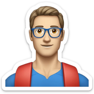 retro 70s blue and red gym clothes for a modern white brunette uni male student with glass sticker