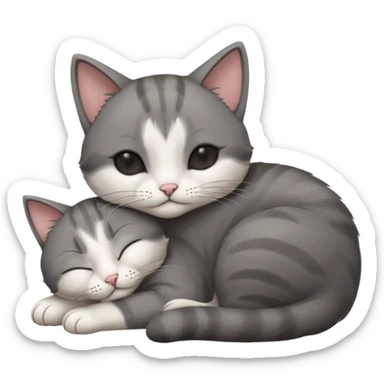 dark grey and white small cat with his eyes closed leaning his head on his paw while leaning on his elbow lying down sticker