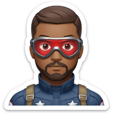 sam wilson with a very short hair close to the scalp and  a well-groomed beard that connects to his mustache,  wear sleek, red-tinted tactical goggles fit snugly from captain america: civil war sticker
