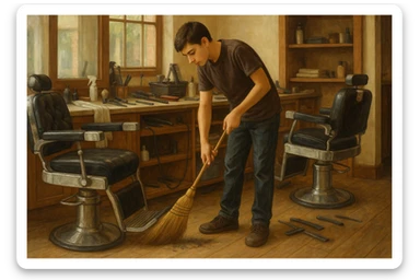 sartaroshxonani tozalayotgan o'smirin bola juda  yosh ham emas katta ham supir sudir qilaytgani narsalarni tozalayotgani  
 sticker