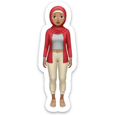 woman with medium-brown skin wearing a light red hijab, cream top, light red pants, tan shoes, and a visible gray below-knee hook-shaped prosthetic leg. Standing confidently with one hand on her hip sticker