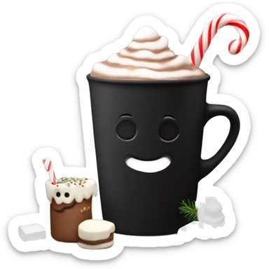 christmas black colour cup with hot chocolate and marshmallows with more Christmas details in the cup sticker