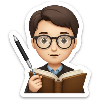 writer holding pen in hand and closed book in other hand, wearing glasses sticker