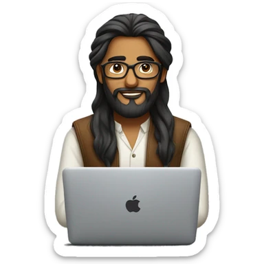 indian man long hair in bun, beard, glasses with macbook computer  sticker