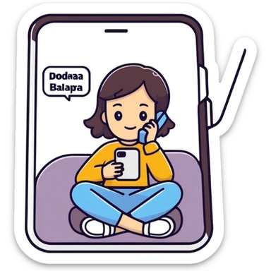A cartoon-style sticker of a girl sitting in a phone with the text "Доделаем завтра." Use the provided photo as a reference for the character. Add a white outline to the sticker. Style the text to match the cartoon style. sticker