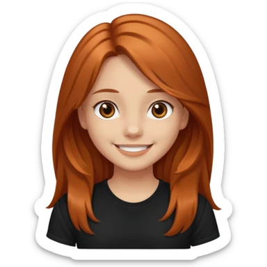Medium copper long hair  girl  with dark brown eyes wearing a black tee sticker