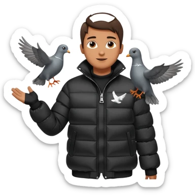 puffer shiny black jacket man open arms looking at a flying pigeon sticker