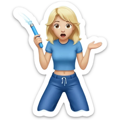cartoonish blond woman kneeling with surprised expression, a wide cartoonish stick with a D-shaped knob coming out of a pair of pants hanging in front of her face, water stream squirting from the flat side of the knob into her open mouth sticker