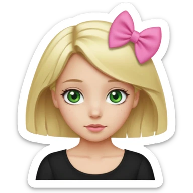 blonde girl middle part, pink bow in hair, plain black top, green eyes. sticker