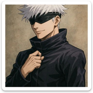 Gojo Satoru, white hair, blindfold, confident pose, anime style sticker