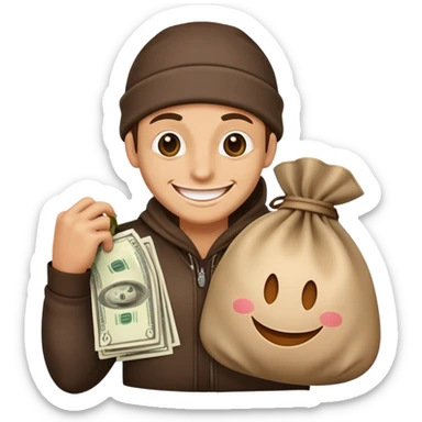 happy thief with a money bag and a big smile sticker