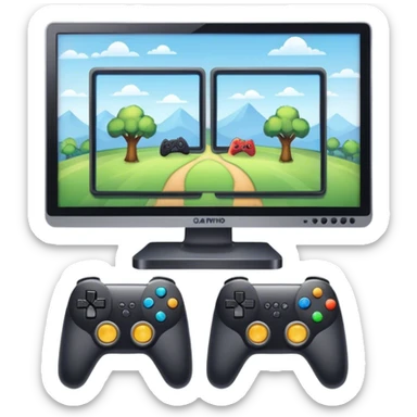 An icon showing two monitors with gaming interfaces, connected by a wire. Each monitor displays a different game screen, with two gamepads placed nearby, symbolizing multiplayer gameplay. transparent background. sticker