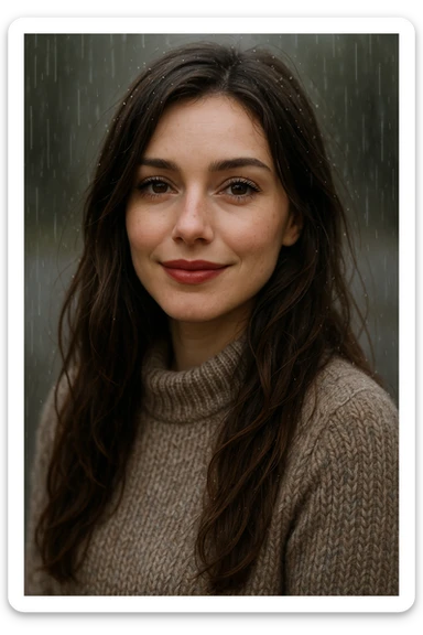 white woman with long brown hair and brown eyes, wearing a sweater, smiling in the rain, with long eyelashes and red lips sticker