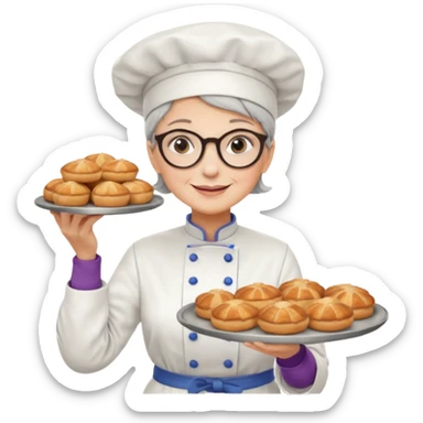 Older female pastry chef – round glasses, oven mitts on, holding a tray of pastries.

 sticker
