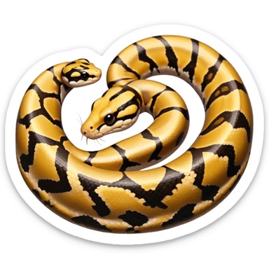 A photo-realistic top-down view of a Ball Python gently coiled into a tight spiral, with its head resting peacefully at the center. Its scales are warm brown with bold, irregular black markings, including the distinctive “alien-head” pattern, flowing smoothly along its body.  sticker