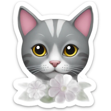 grey cat with a pink flower sticker