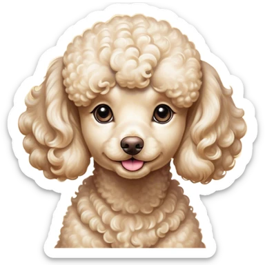 Cinematic Cute Cream Poodle Portrait Emoji, Head tilted playfully and inquisitively, showcasing a bouncy, curly cream Fur with a luminous sheen, round, sparkling warm eyes filled with curiosity, Simplified yet irresistibly adorable features, highly detailed, glowing with a warm, friendly glow, high shine, affectionate and lively, stylized with a touch of whimsy, bright and endearing, soft glowing outline, capturing the essence of a mischievous yet loving companion, so playful it feels like it could bounce out of the screen and into your arms! sticker