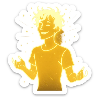 radiant young man with a soft glow and captivating energy, symbolizing lighthearted chaos and allure, in a minimalist silhouette sticker