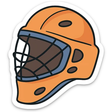 simple orange field hockey goalie helmet with royal blue trim, flat illustration style sticker