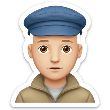 a bald man wearing a flap cap looking really hopeful sticker