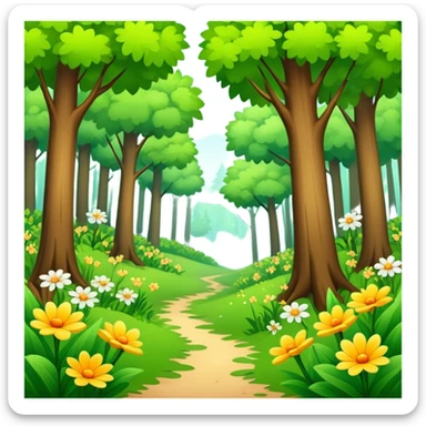 spring season in a forest with trees having fresh green leaves and blooming flowers, bright and cheerful sticker