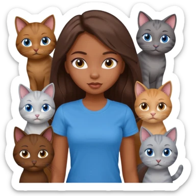 a pretty bratz dusky girl with long brown hair, blue eyes with six cats nd wearing a grey tshirt sticker