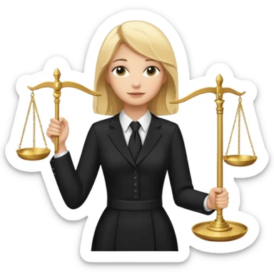 woman lawyer blanche et blonde avec des cheveux mi-long; elle est habillée avec une longue robe noire et une cravate blanche; elle est victorieuse en portant la balance de la justice sticker
