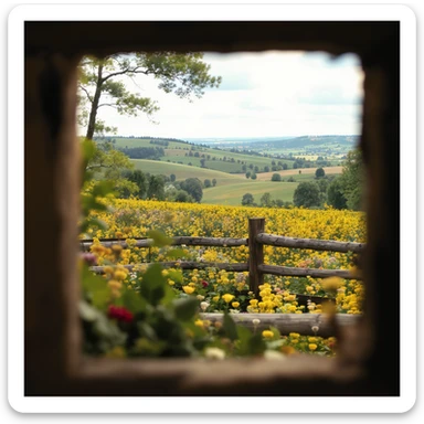 "Two shot" in the foreground, blurred plants in the foreground (frame within a frame), a wooden fence and colorfull flowers in the midground, Poland, rolling hills in the background, cinematic depth of field, layered composition, natural lighting sticker