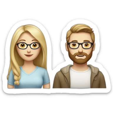 White-skinned woman without glasses with big eyes, blonde and square hair, and her husband with white skin and glasses with brown beard and hair sticker