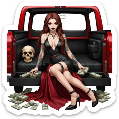 Lilith symbol red eye seductress evil long brown haired sexy succubus woman with leather long dress with slit, sitting in Big Large F350 pickup truck. Black Platform high heels on feet. Tattoo sleeve arms, seat full of stacks of cash, and a man dead human skull of her enemies and a gun in other hand sticker