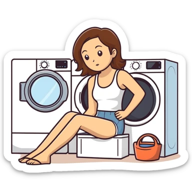 Caucasian woman with brown hair and huge boobs wearing a tank top lying on a washer and dryer sticker