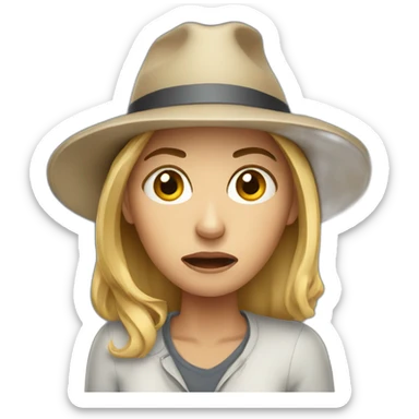 scared white woman with a hat sticker