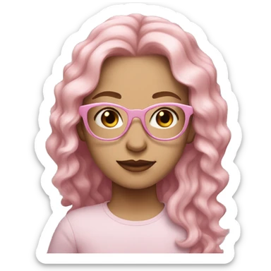 White girl with pastel pink long wavy hair and round pastel pink glasses and brown eyes sticker
