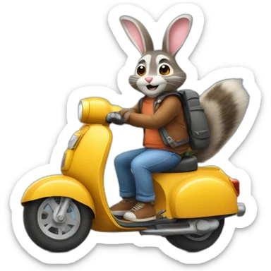 bunny giving a ride to raccoon on scooter sticker